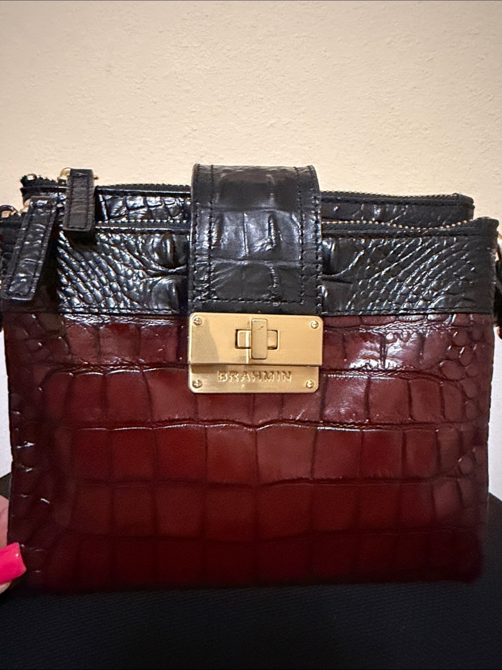 Brahmin Croc-Embossed Leather Crossbody Clutch - Burgundy & Black